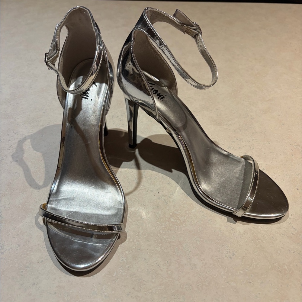Metallic Silver Ankle Strap Heels